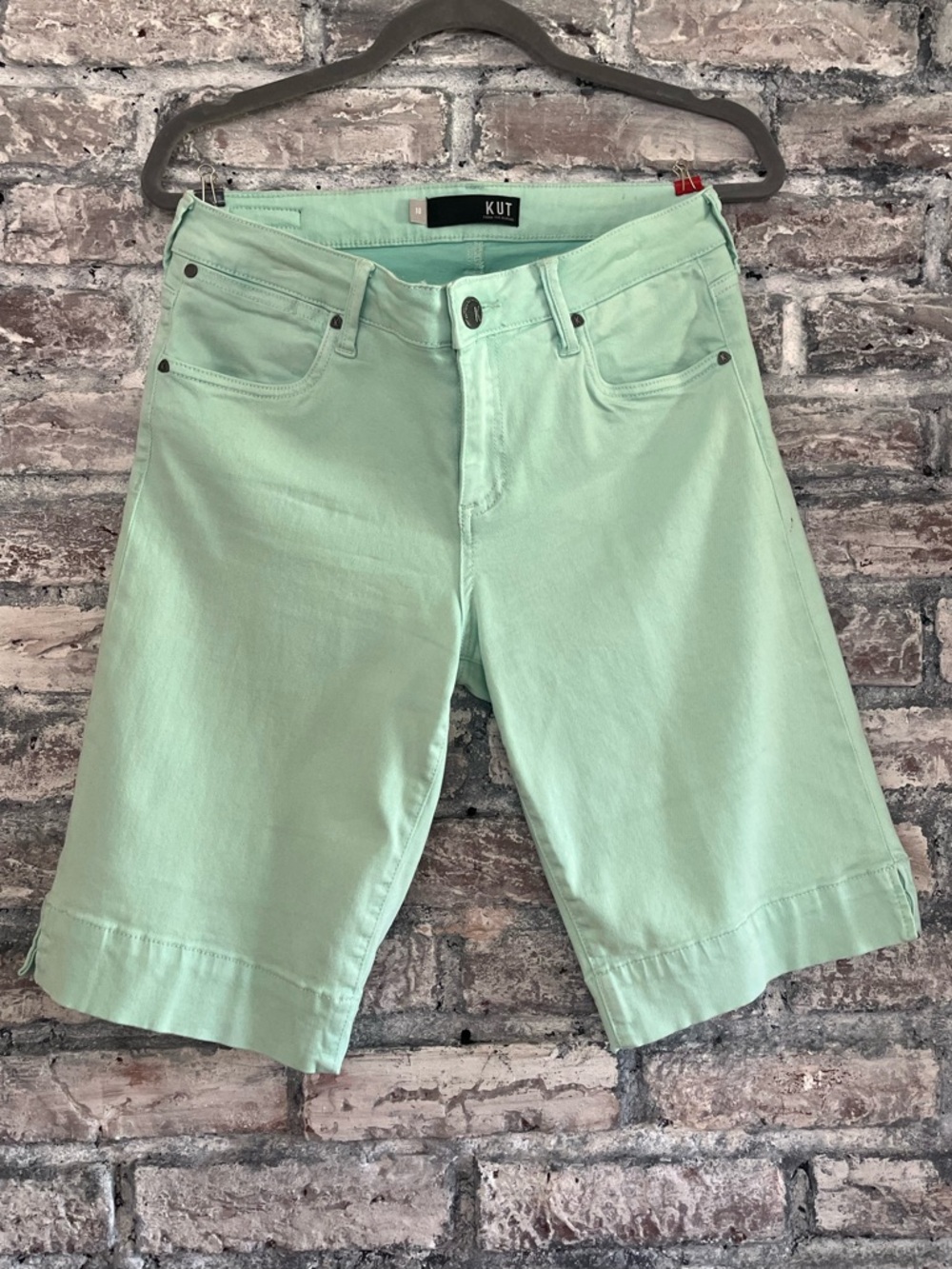 KUT from the Kloth Mint Green Natalie Bermuda Shorts Side Slits Button:Zip front